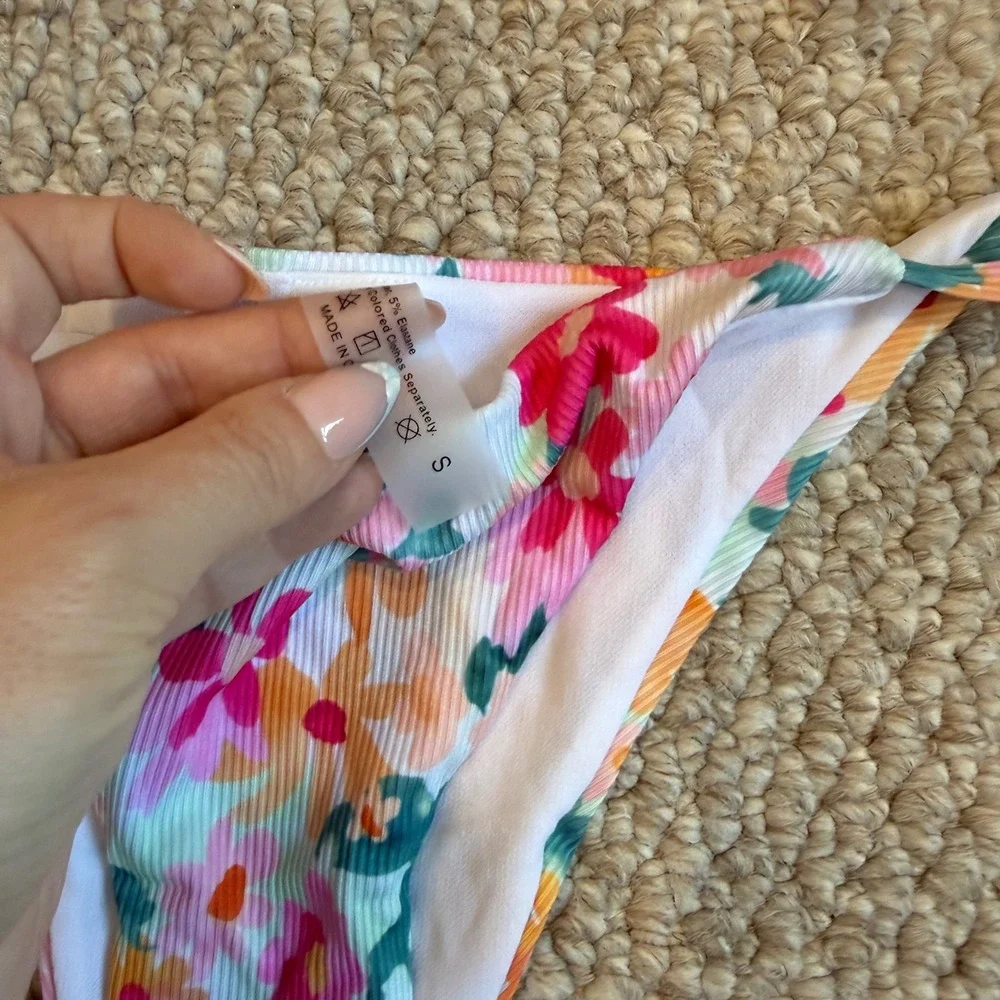 SHEIN Floral Ribbed Triangle Bikini Set Multicolor‎ Side Tie Swimsuit Size Small